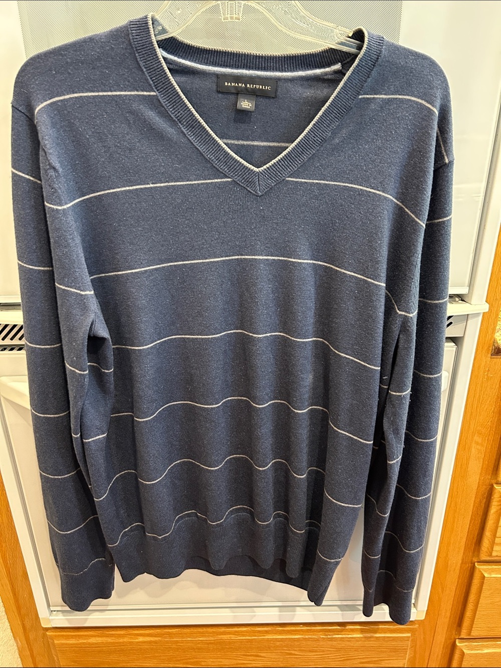Banana Republic Men’s Navy V-Neck Sweater with Light Gray Stripes